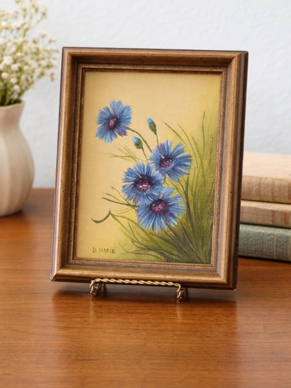 VTG Signed Original Floral Painting Blue Flowers Framed Botanical Art Cottage